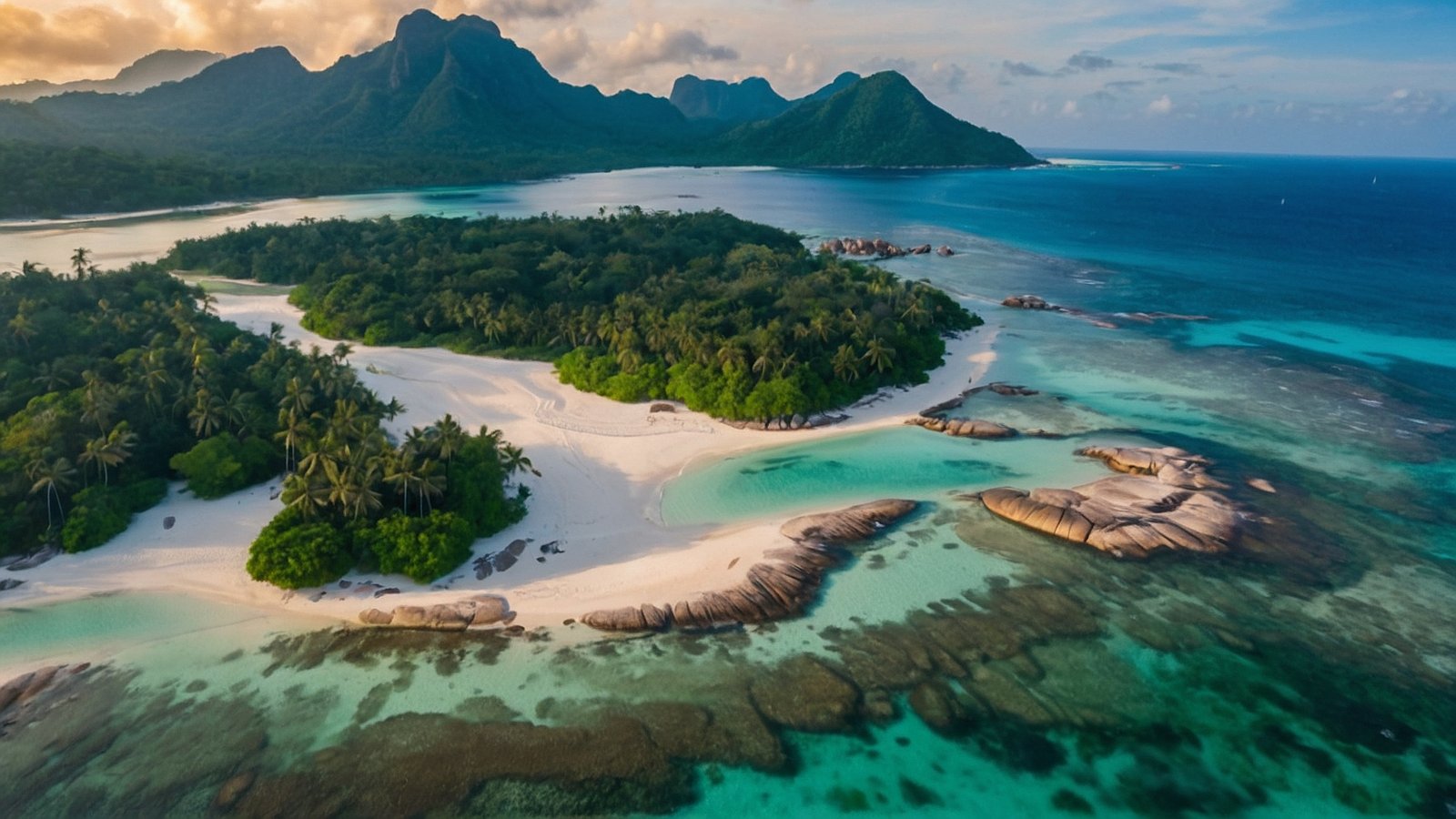 Aerial view of a tropical island with pristine beaches, turquoise water, and lush greenery, captured during golden hour.