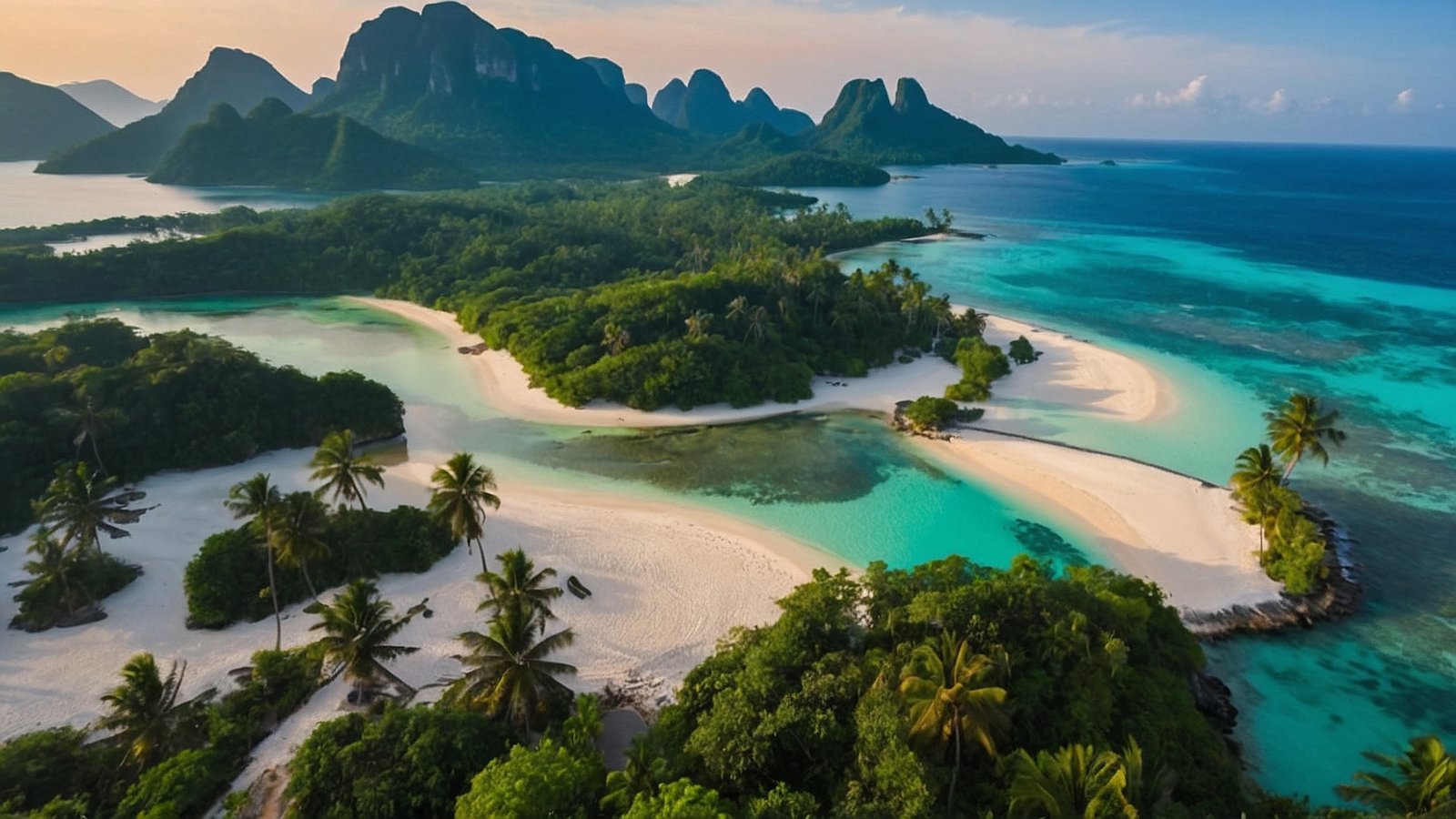 Aerial view of Bali’s pristine beaches and tropical islands at sunset, showcasing lush greenery, white sands, and turquoise waters.