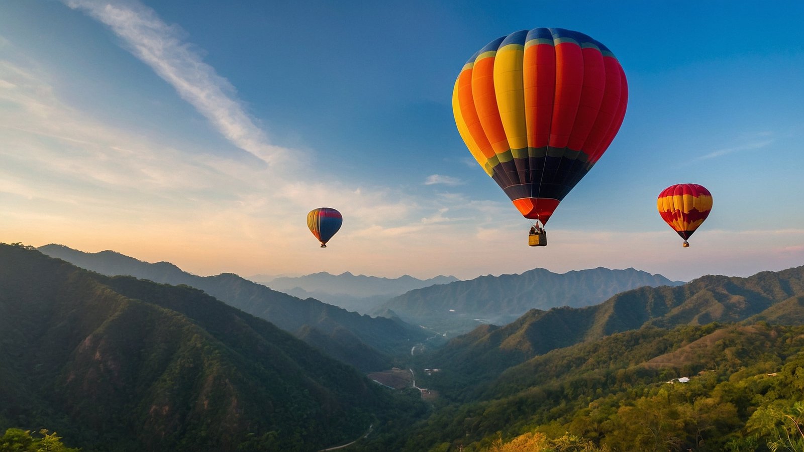 Colorful hot air balloons float above green mountains and forests under a clear blue sky with sunlight shining on them.