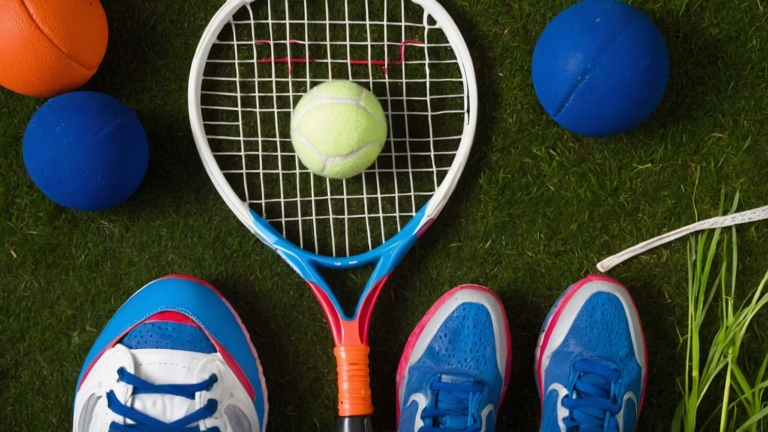 Top View of Athletic Gear with Tennis Racket and Multi-Sport Items