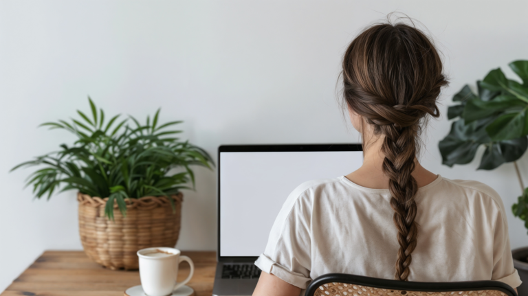 Focused Woman Working on Laptop with Coffee at Desk