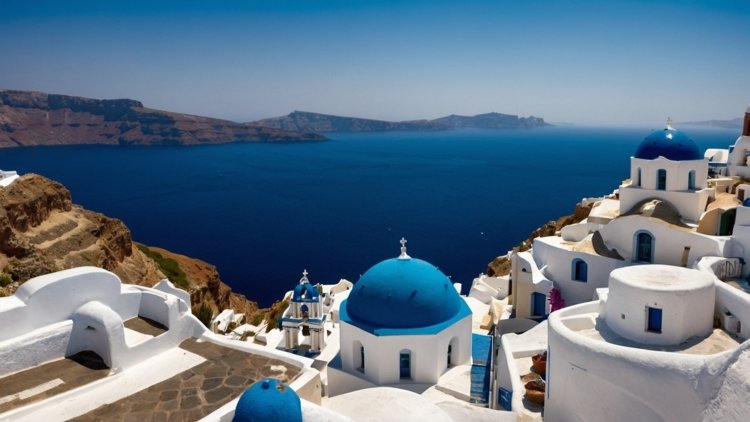 Panoramic view of Santorini’s whitewashed buildings and blue domes overlooking the azure sea in Greece.