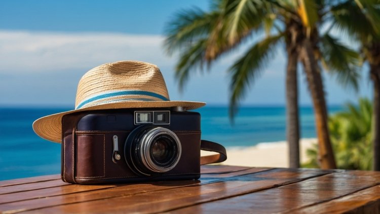 Vintage camera with a hat on a wooden table, set against palm trees and a blue ocean background.