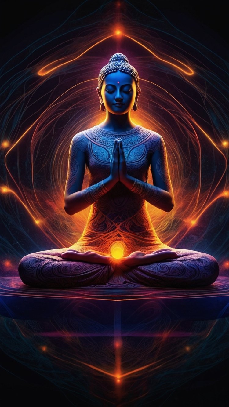 Digital artwork of meditating Buddha with glowing chakras, neon lights, and a blue color scheme, evoking power and tranquility.