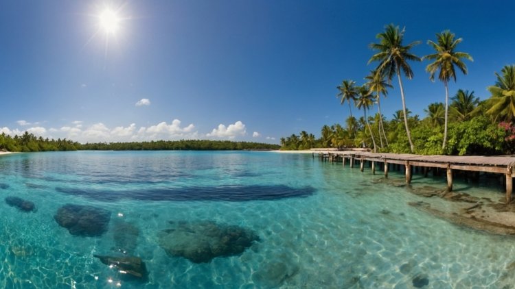 Panoramic view of clear waters, palm trees, and a wooden dock leading to a tropical beach under bright sunlight.