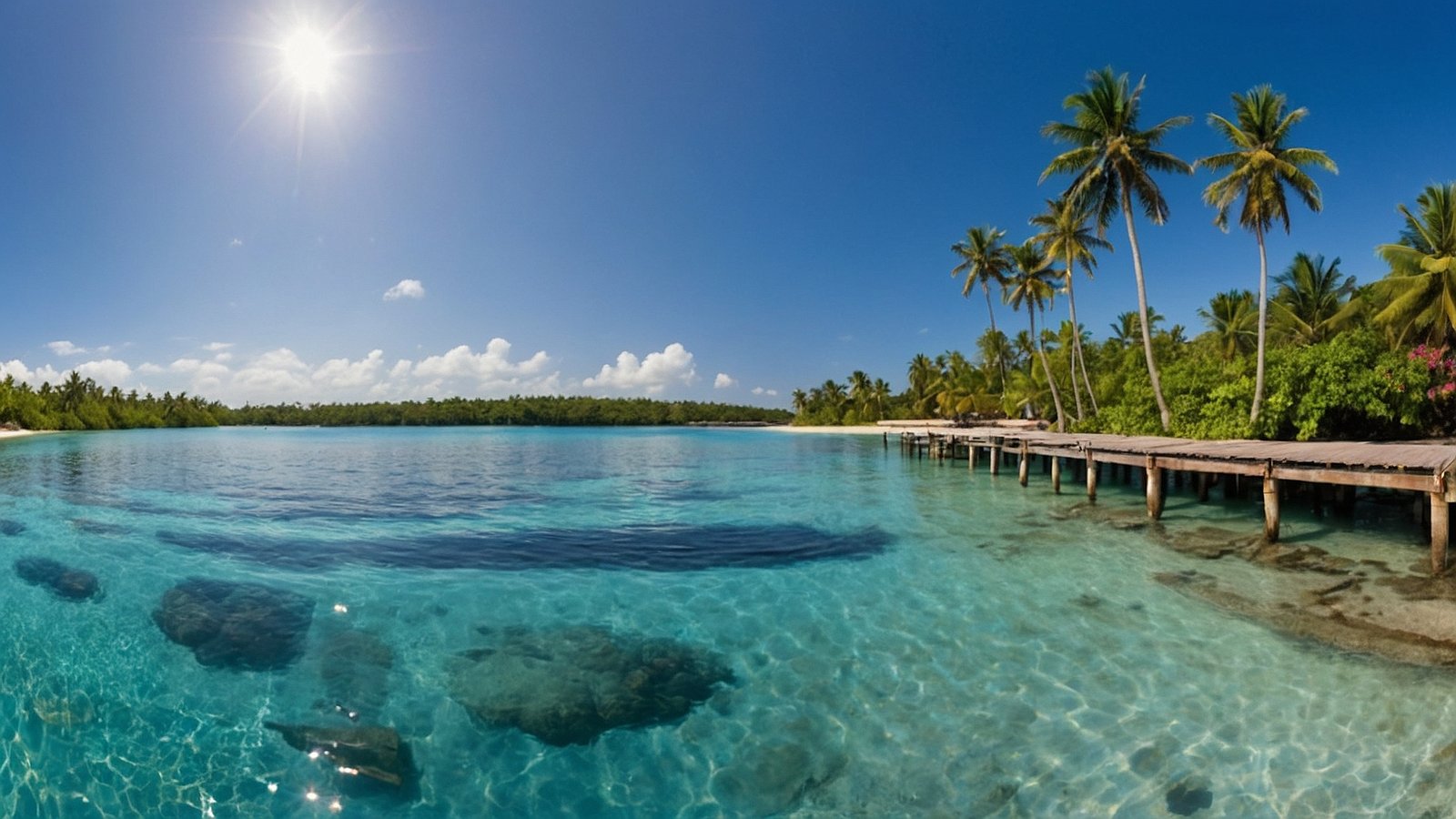 Panoramic view of clear waters, palm trees, and a wooden dock leading to a tropical beach under bright sunlight.