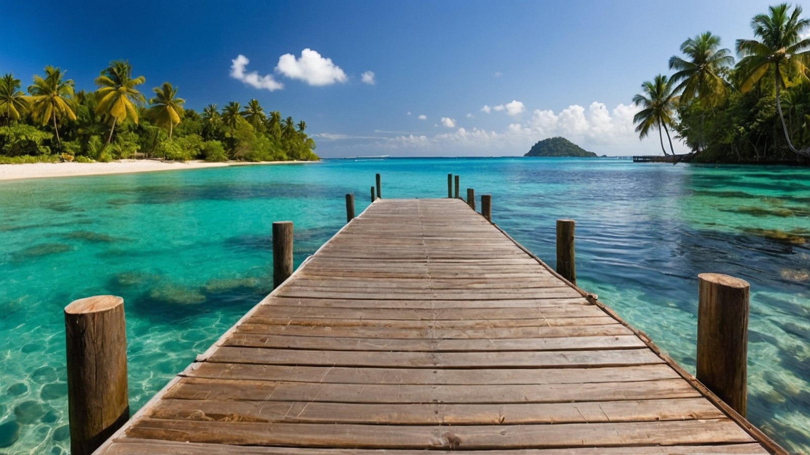 Wooden pier extending into turquoise waters, surrounded by palm trees and a jungle mountain under a clear blue sky.