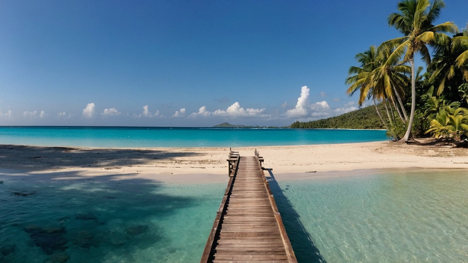 Wooden pier leading to a tropical beach with turquoise water, palm trees, white sand, and an island in the background.