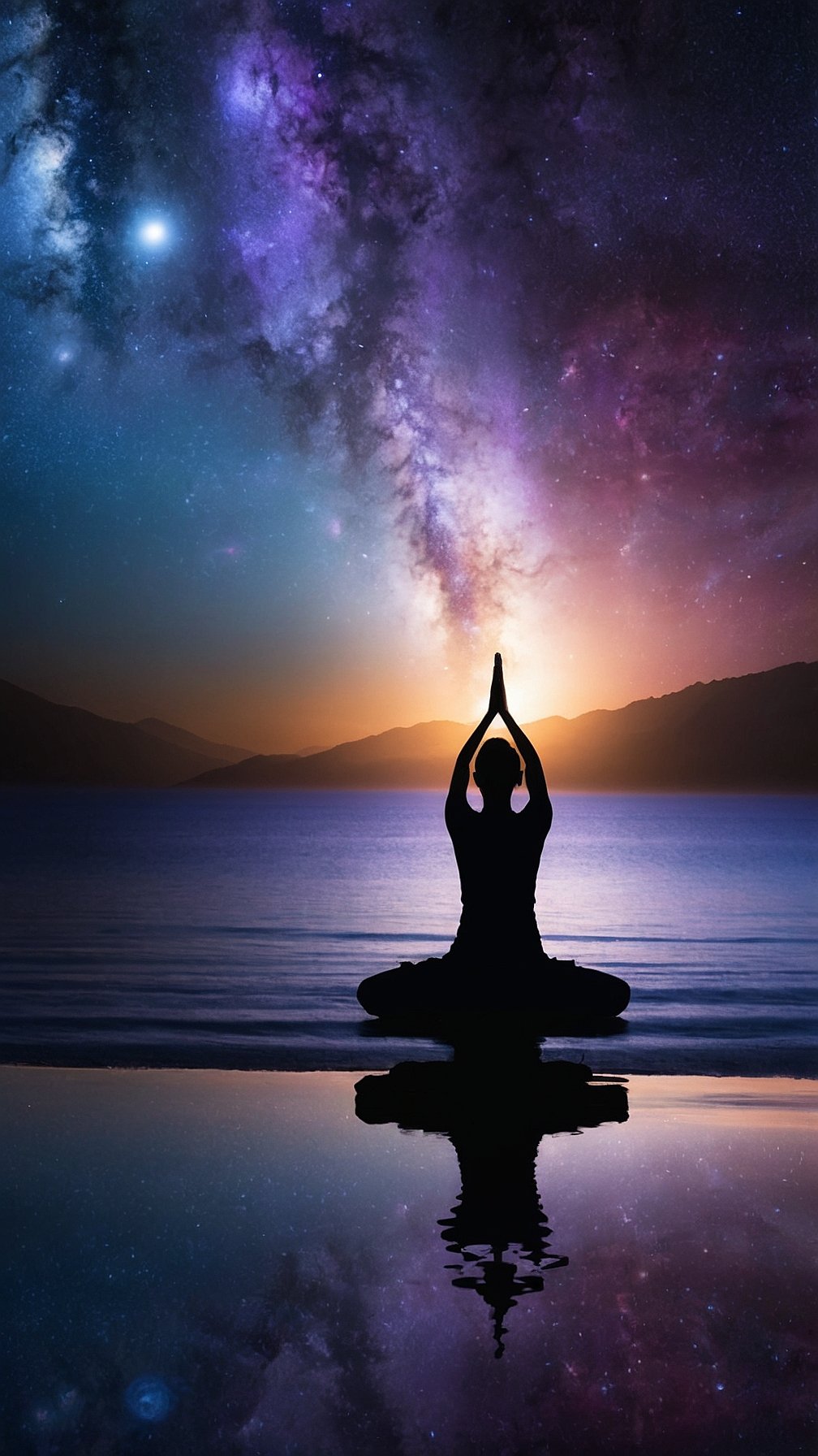 Silhouette of a woman meditating under the Milky Way, reflected in a lake, with yoga symbols in a tranquil setting.