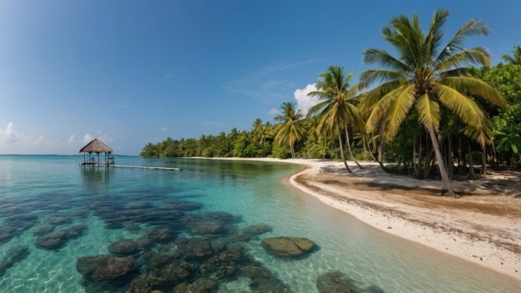 Tropical island with blue water, white sandy beaches, palm trees, and an overwater walkway under a sunny, clear sky.