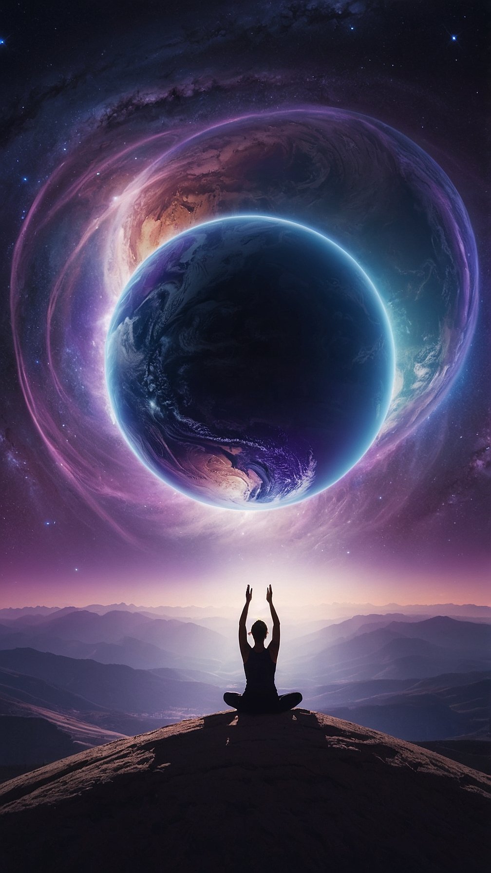 Man meditating in lotus position on a mountain, with a cosmic backdrop of planets, galaxies, and a swirling black hole.