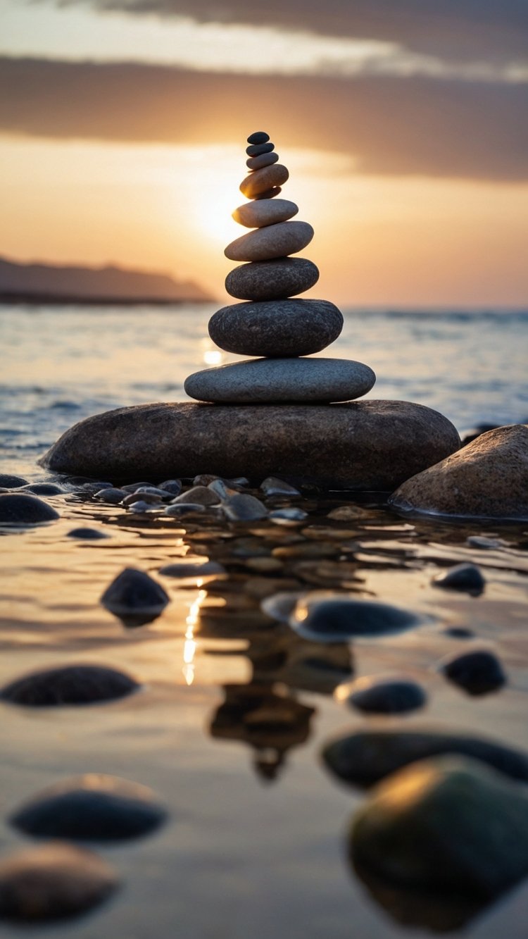 Stack of balanced stones at the water’s edge during sunset, with a small pebble in focus in the foreground.