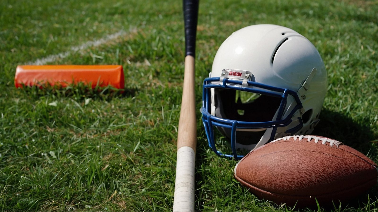 Football helmet, bat, and ball on grass in a football field, showcasing sports gear in a natural outdoor setting.