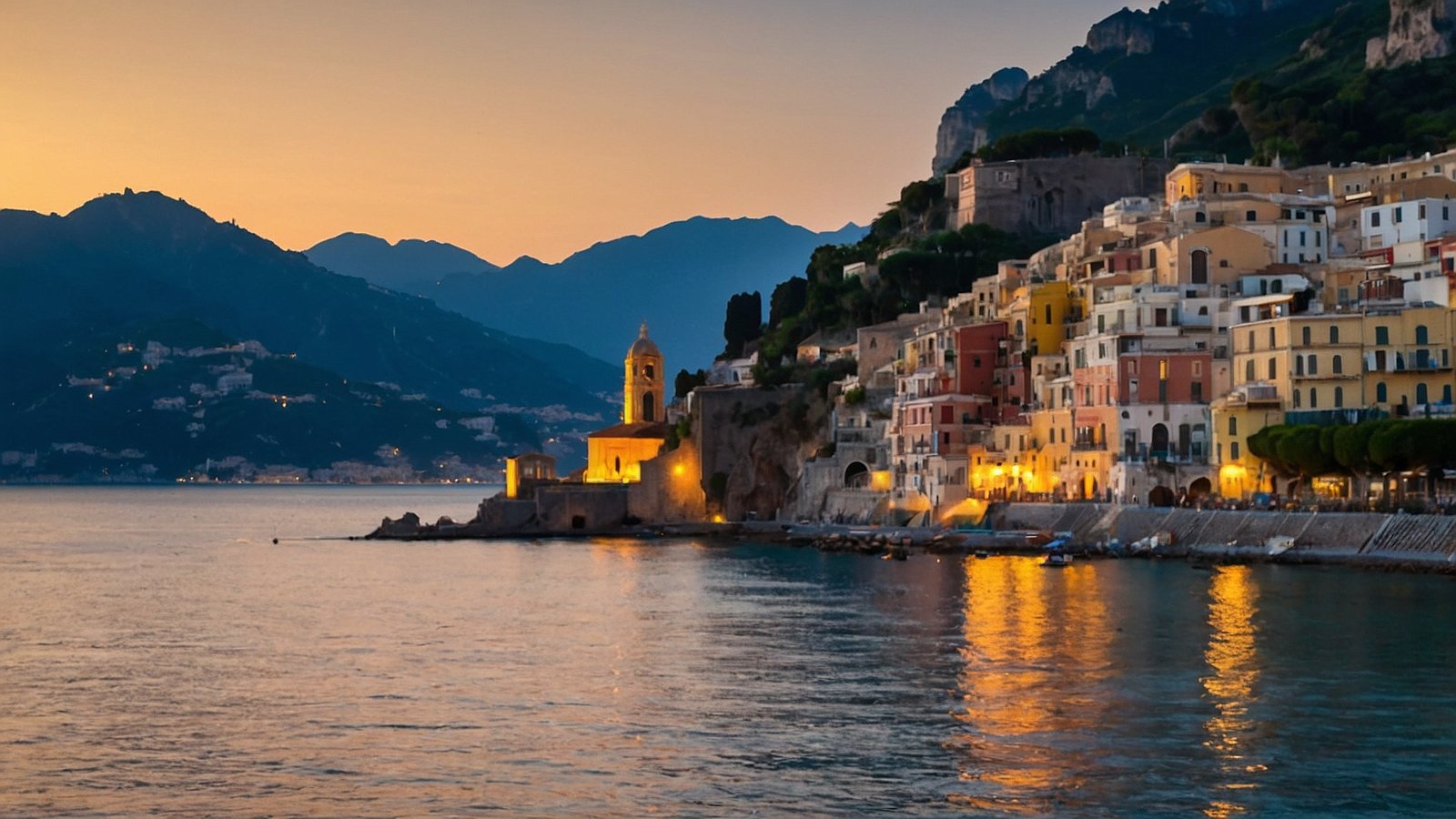 Amalfi Coast at sunset with colorful buildings, calm sea reflections, and an old church by the waterside.