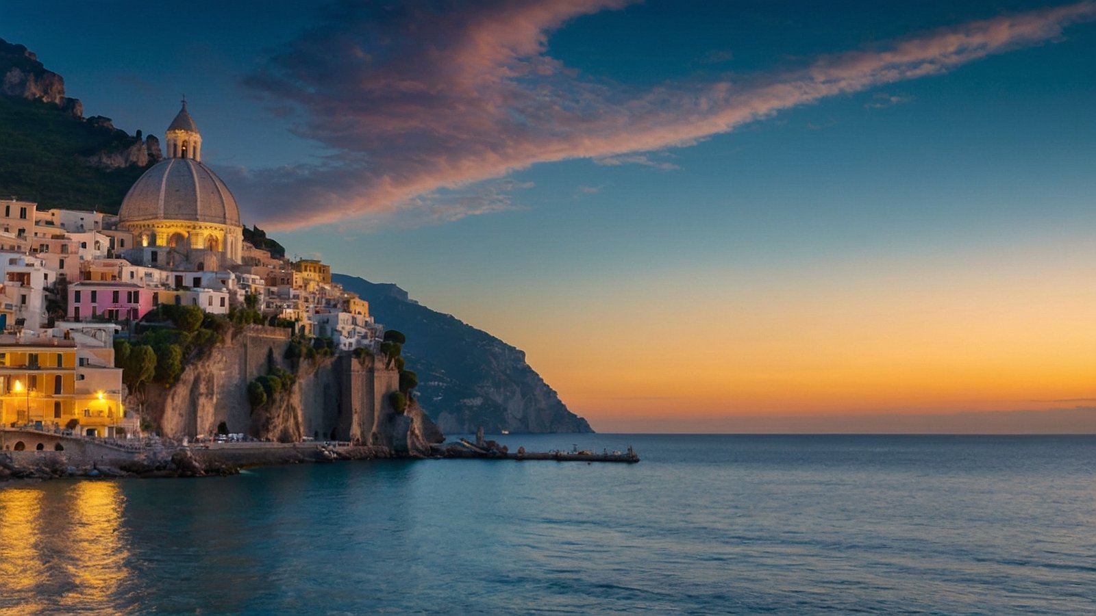 Serene sunset over the Amalfi Coast, colorful buildings on cliffs, and calm sea in Italy.