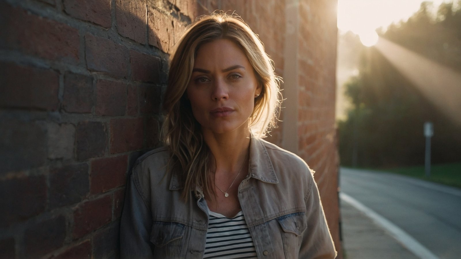 Woman with blonde hair leaning on a red brick wall, wearing a tan jacket and striped shirt, road in golden hour light.