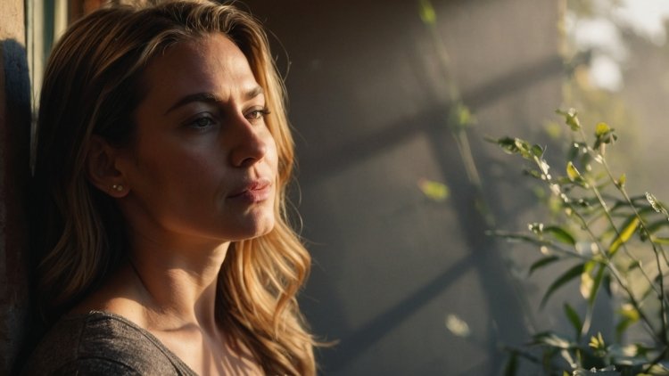 Woman with blonde hair gazing out the window at sunrise, light casting shadows, with an overgrown garden in the background.