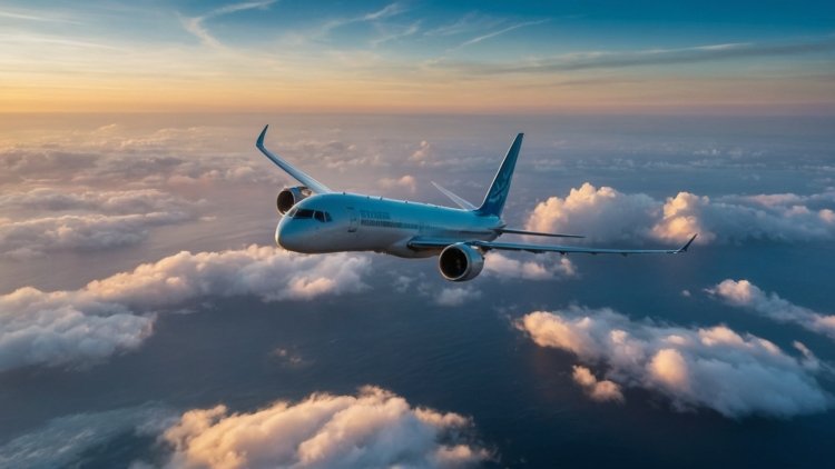 A white passenger plane soaring above clouds at sunrise, with a clear blue sky in an aerial view.