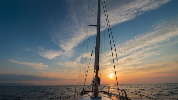 Sailing Yacht on the Sea at Sunset with Horizon View