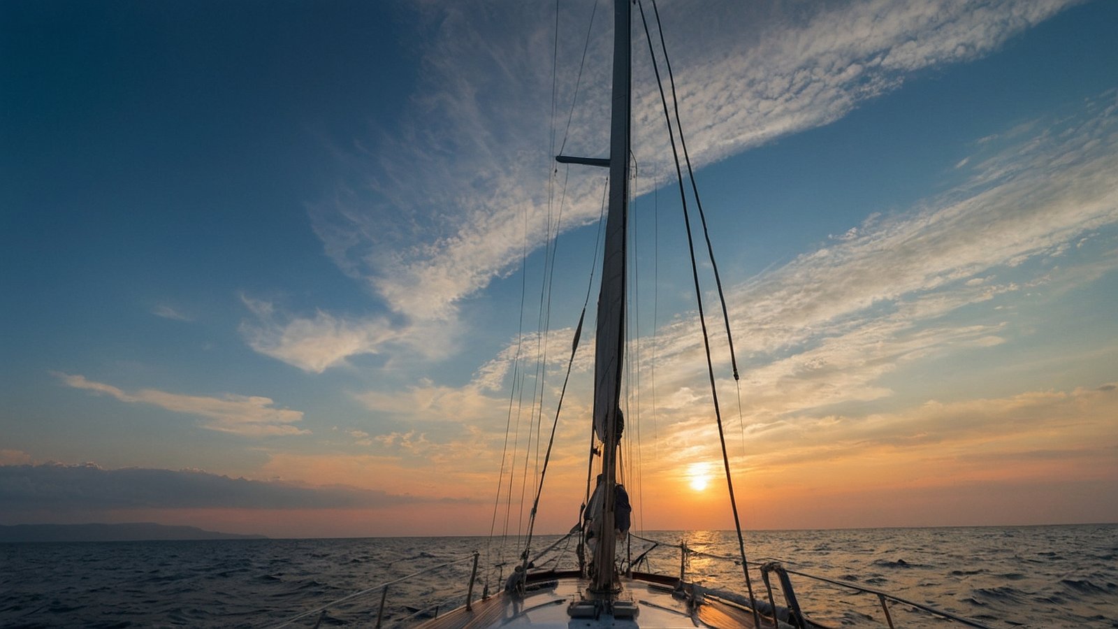 Sailing yacht on the sea at sunset, with blue sky, white clouds, and a horizon view from the bow.