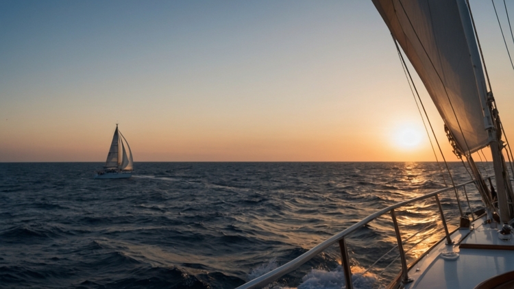 Sailboat at Sunset on the Calm Ocean with Horizon View