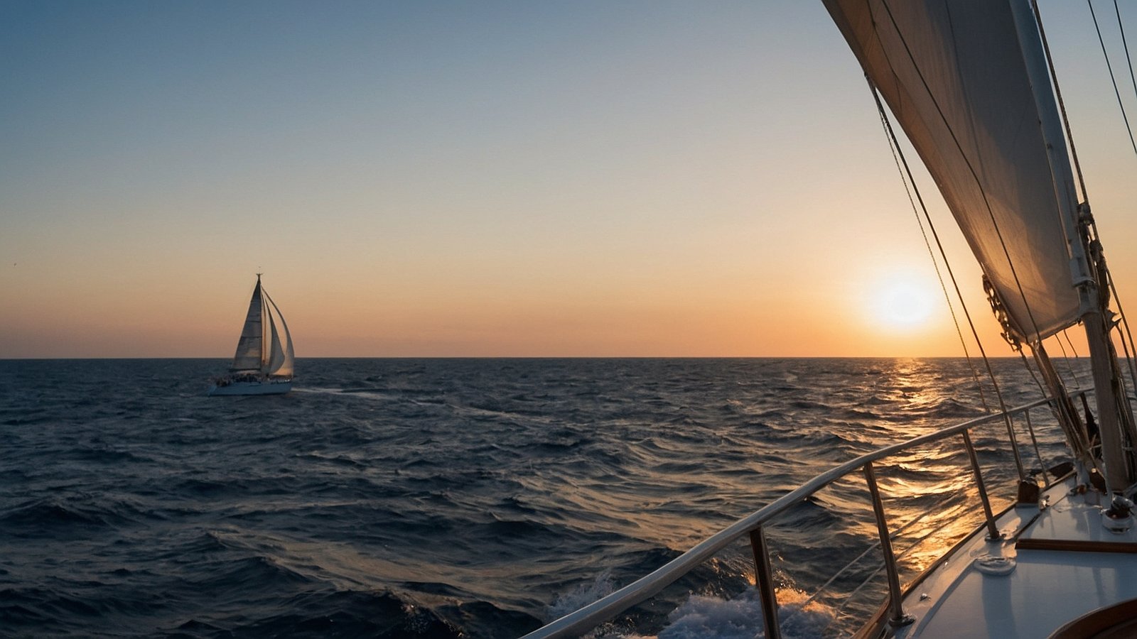 Sailboat on calm ocean at sunset, with warm sky colors, small waves, and deck visible in the bottom right corner.