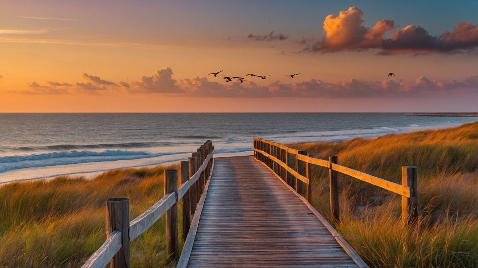 Wooden boardwalk to the beach at sunset with tall grasses, birds, colorful sky, and ocean view.