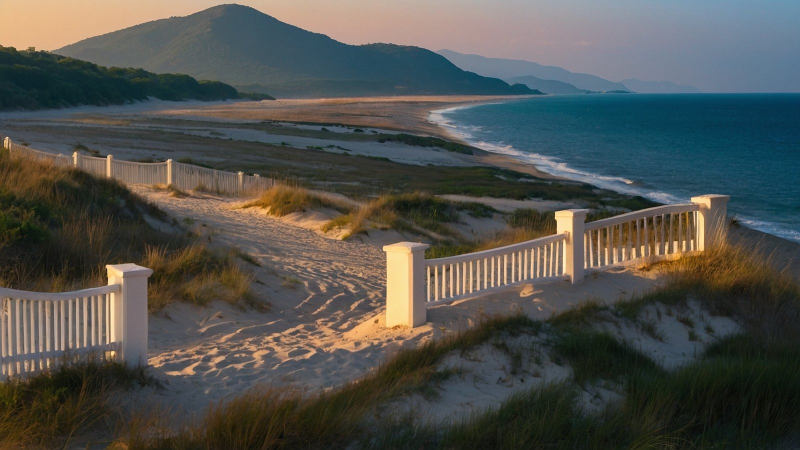 White picket fence along the beach with sand dunes, sea, and mountains in the golden hour light.