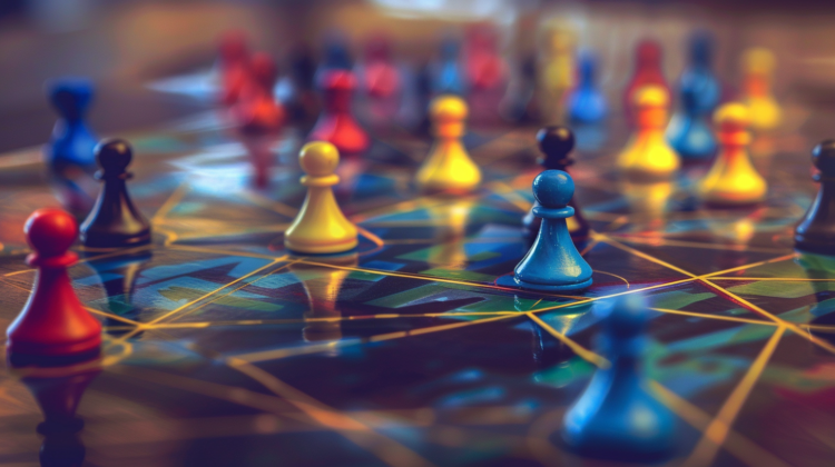 Close-up of colorful game pieces on an abstract board, symbolizing business strategy and creative marketing concepts.