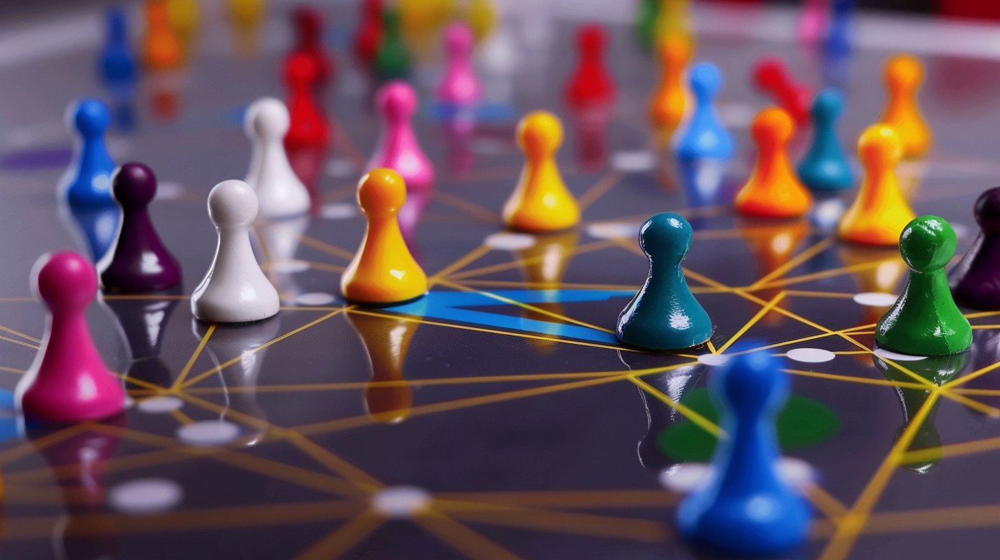 Board game with colorful pawns and lines forming a network, highlighting one vibrant piece symbolizing collaboration and growth.