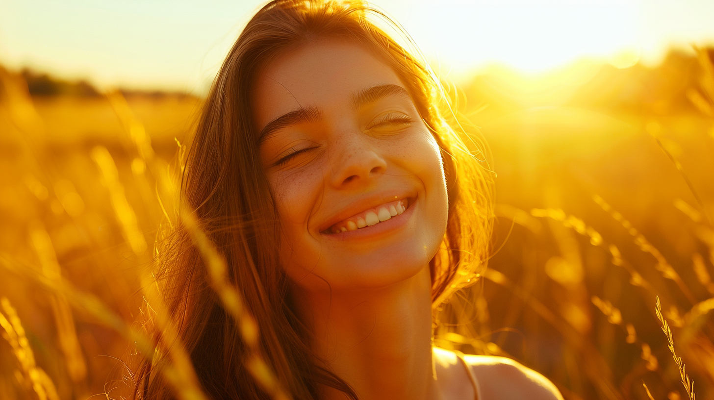 Woman smiling with eyes closed in golden sunset, surrounded by tall grasses, radiating happiness and warmth.