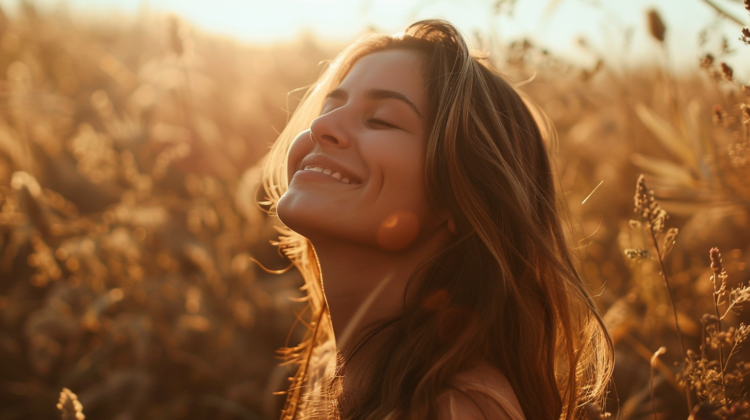 Smiling woman laughing in golden sunlight, surrounded by tall grasses, radiating joy and warmth.