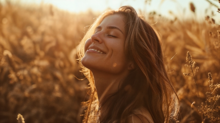 A Moment of Happiness: Smiling Woman in Warm Sunlight