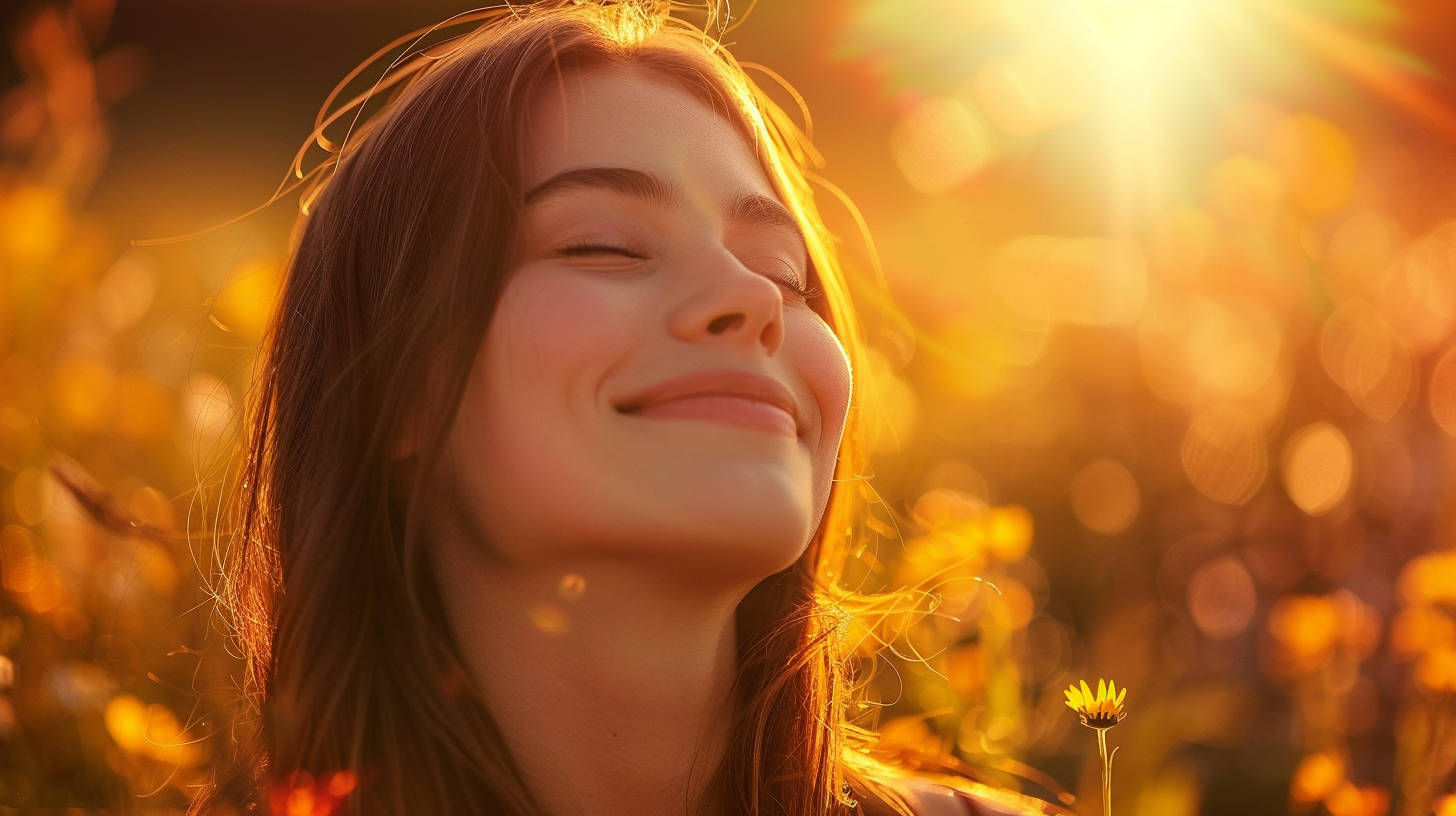 Smiling woman with eyes closed, surrounded by wildflowers and bathed in golden sunlight, radiating joy and serenity.