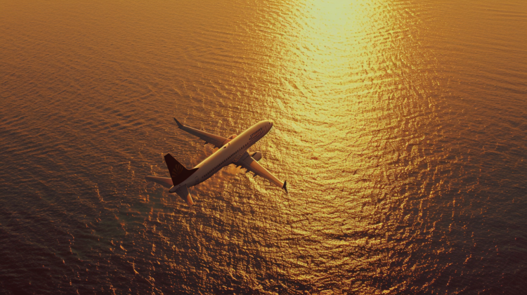 Passenger plane flying over the sea at golden hour, viewed from above, with sunlight reflecting on the water.