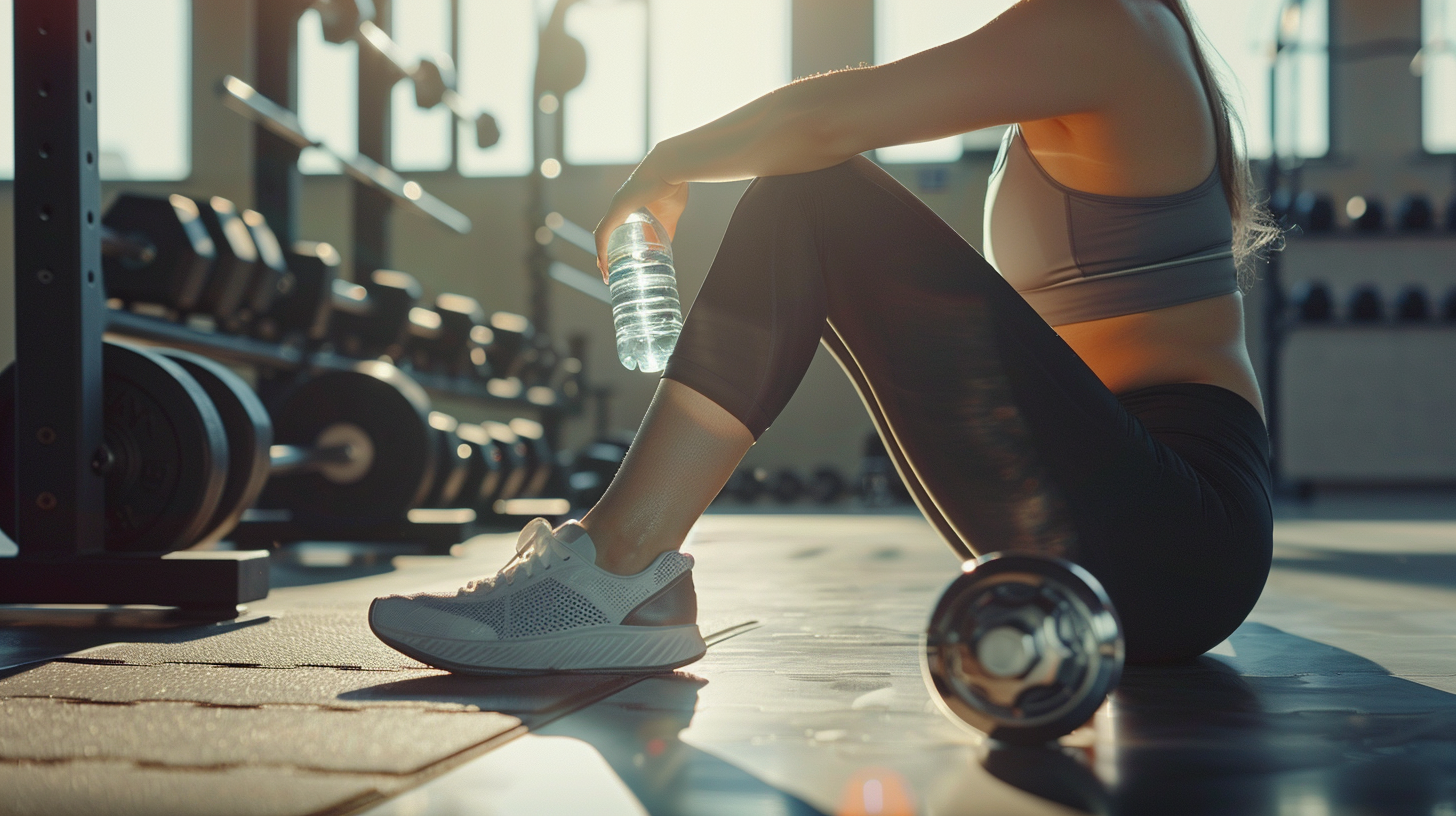 Athletic woman in sportswear holding a water bottle, sitting on the gym floor with fitness equipment in the background.