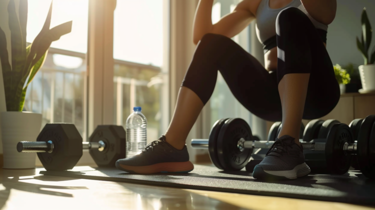 Woman working out at home with dumbbells, focus on legs and shoes, in a bright living room with sunlight.