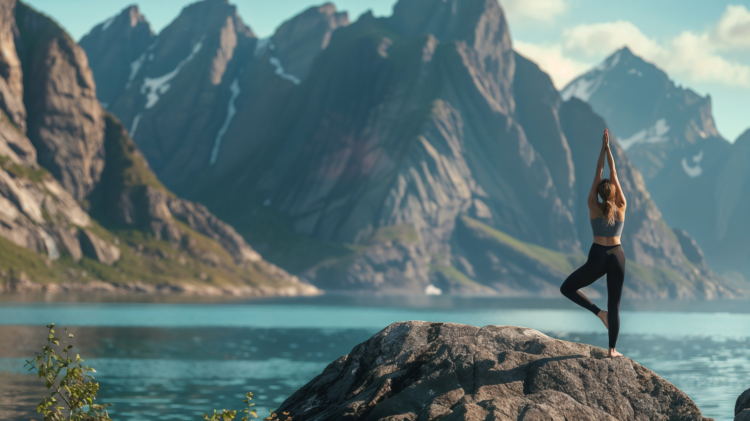 Yoga in the Wild: Graceful Pose Amidst Mountains and Sea