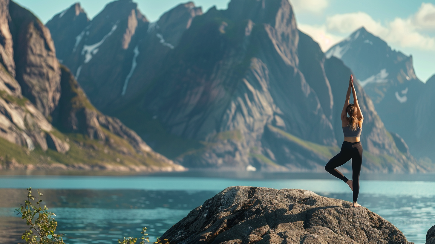 Woman doing yoga on a rock with mountains and sea in the background, showcasing grace and nature's beauty.