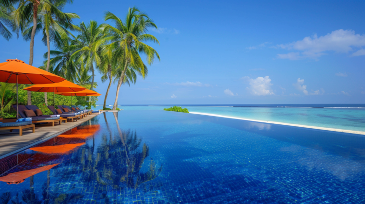 Infinity pool with blue water, orange umbrellas, wooden deck, palm trees, and ocean view on a Maldives island.