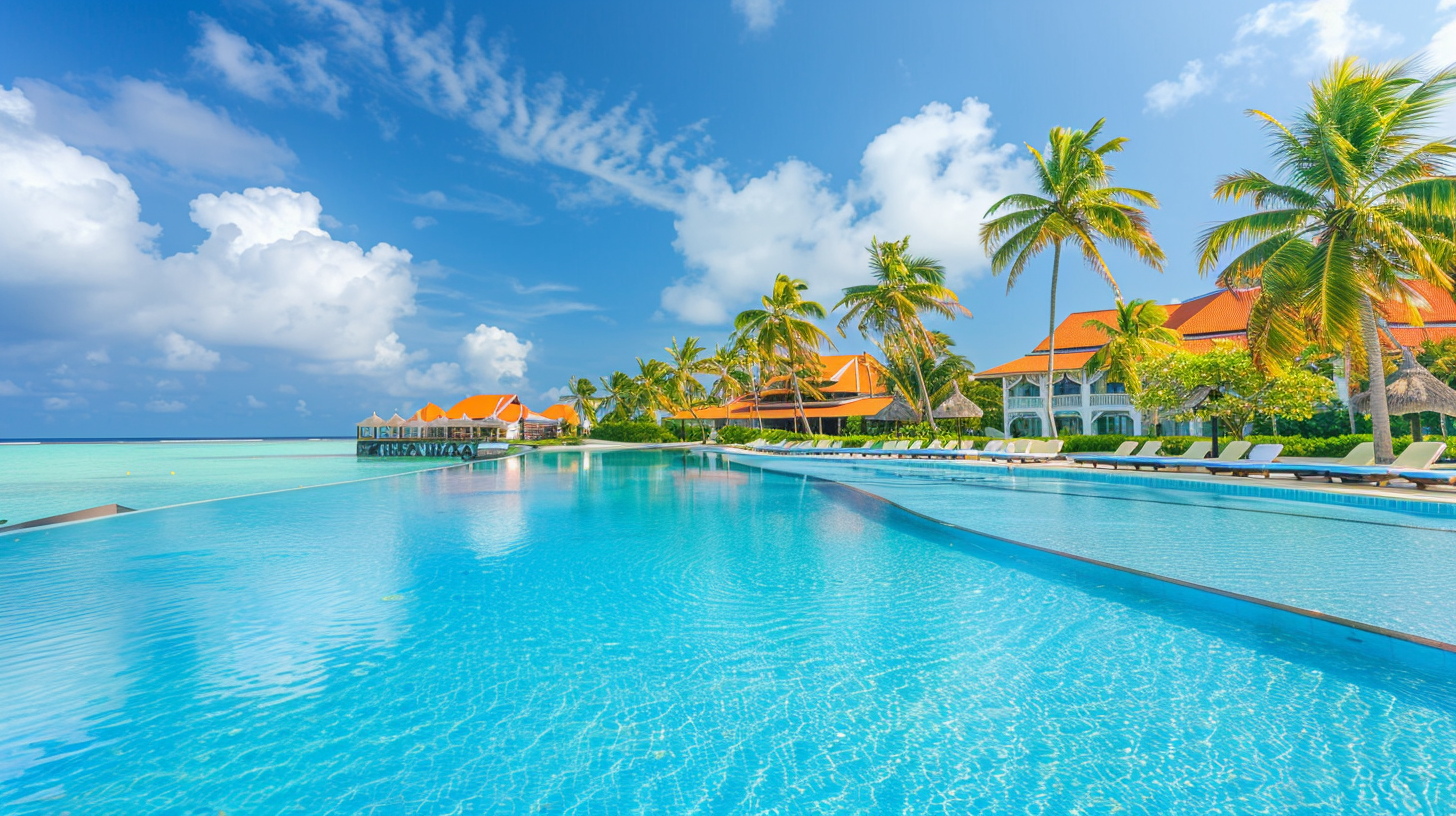 Swimming pool at a Maldives resort with palm trees, loungers, ocean view, and houses with orange roofs and white walls.