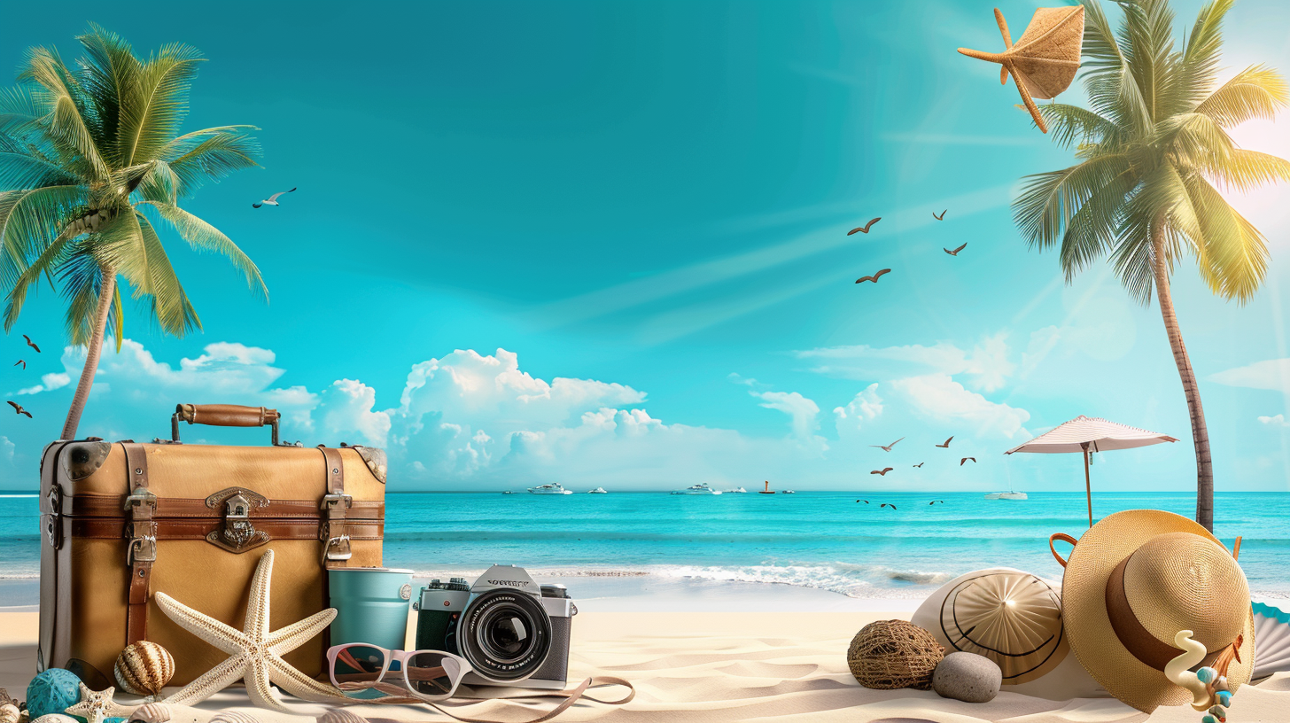 Blue sky, beach, sea, trees, suitcase, hat, sunglasses, camera, and shell on sand for a summer vacation theme.