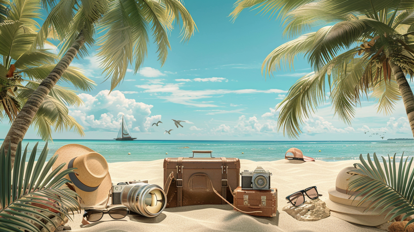 Tropical beach with vintage suitcases, sunglasses, hats, cameras, and a sailboat in calm waters under a vibrant blue sky.