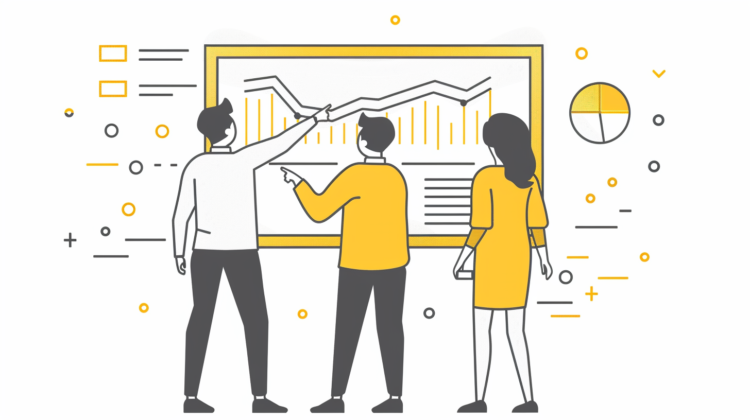 Flat vector illustration of three people discussing marketing data in front of a whiteboard with icons and charts.