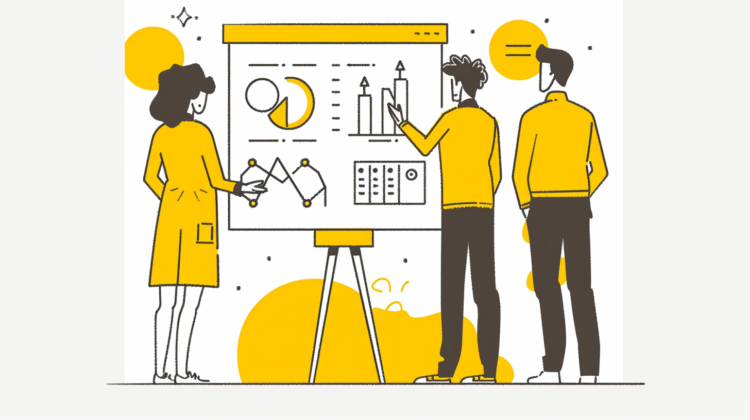 Flat line art of three people at a whiteboard with charts, using a yellow palette and minimalistic design elements.