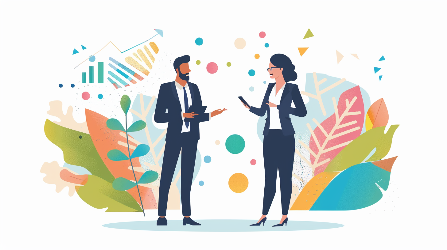 Flat vector illustration of two business professionals talking, with colorful leaves and charts on a white, minimalistic background.