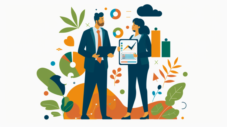 Flat vector of two businesspeople talking, with charts, green leaves, and colorful icons, in a minimalistic design on a white background.