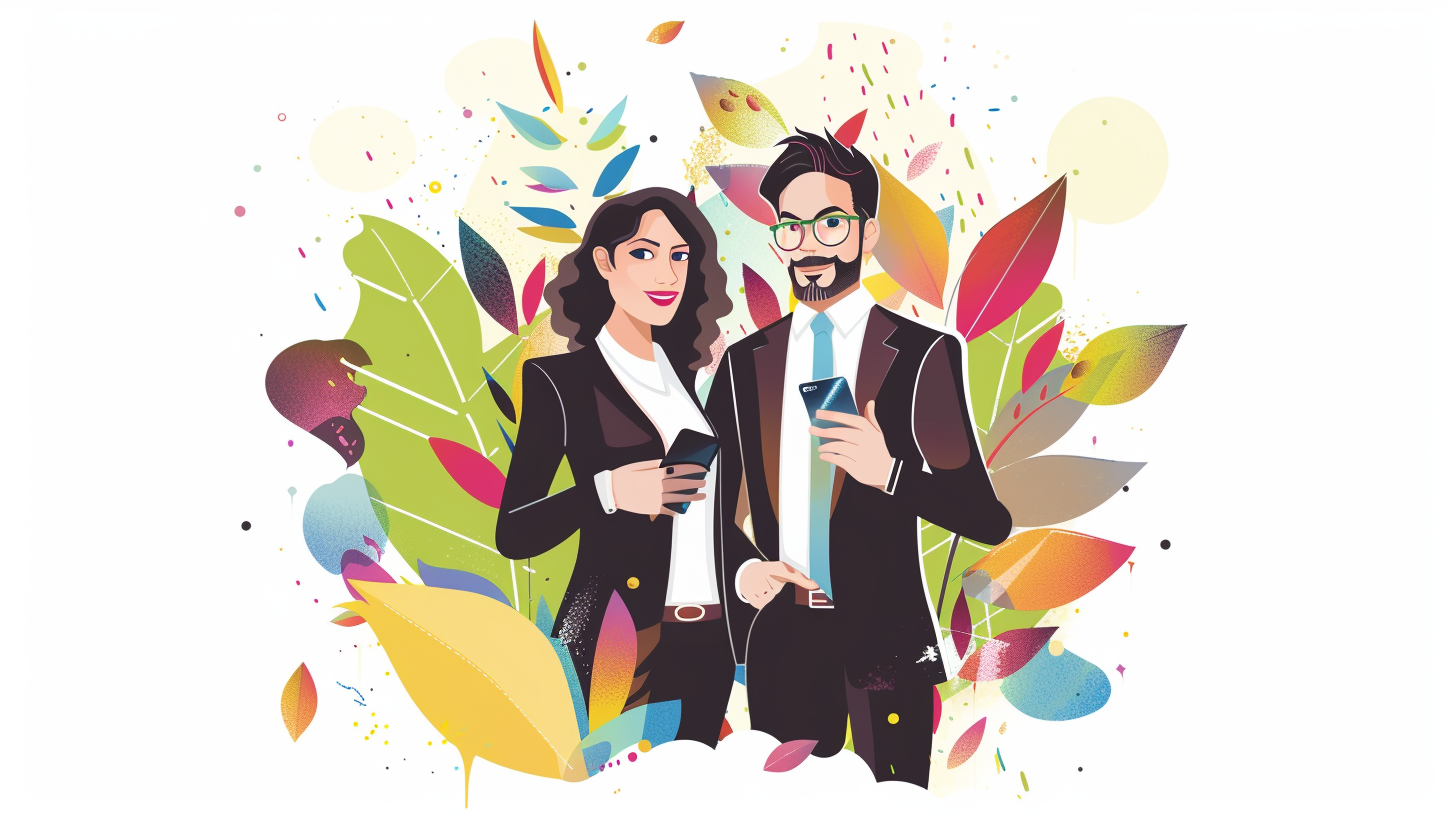 Flat vector illustration of two professionals in suits holding phones, with colorful leaves behind them, representing mobile work technology.