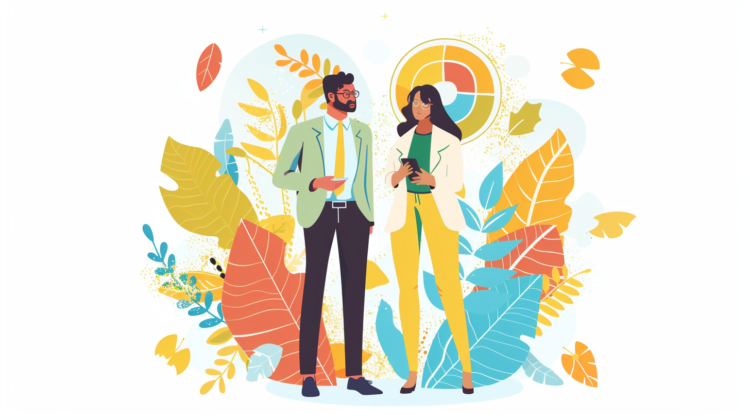 Flat vector illustration of two business people conversing, surrounded by colorful leaves and plants, in a cheerful, minimalistic style.