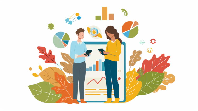 Flat vector illustration of two business people conversing, surrounded by colorful leaves and plants, in a cheerful, minimalistic style.